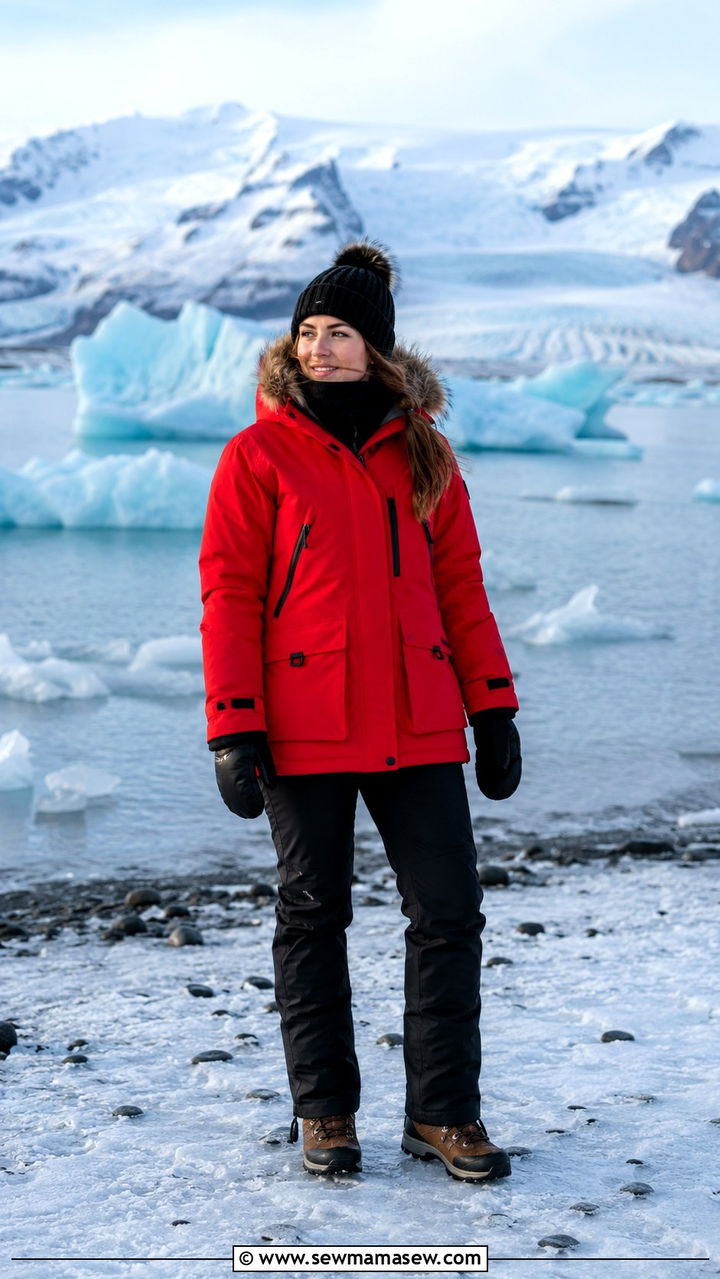 Red Insulated Parka with Ski Pants and Snow Boots - 30 Iceland outfit ideas
