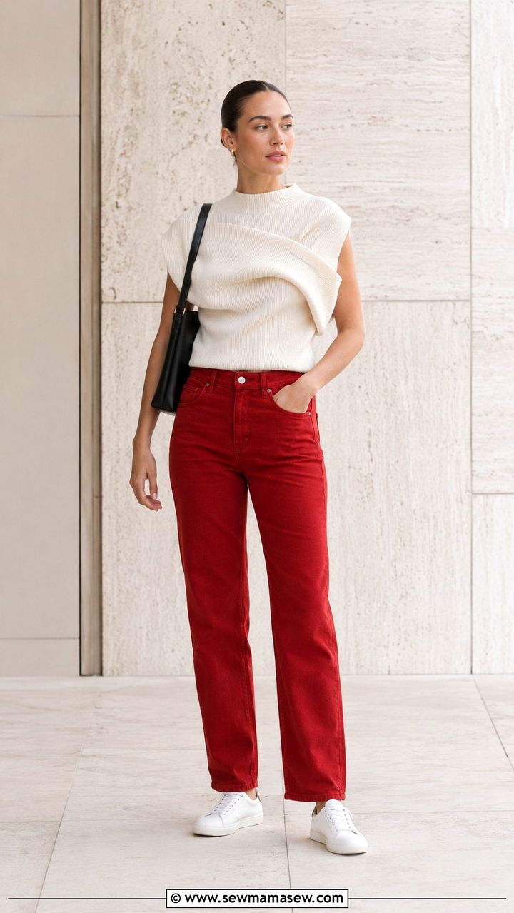 Red Jeans Minimalist Look - 30 Red jeans outfit ideas