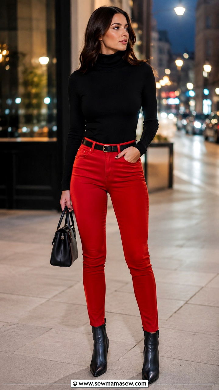 Red Jeans With Black Turtleneck - 30 Red jeans outfit ideas