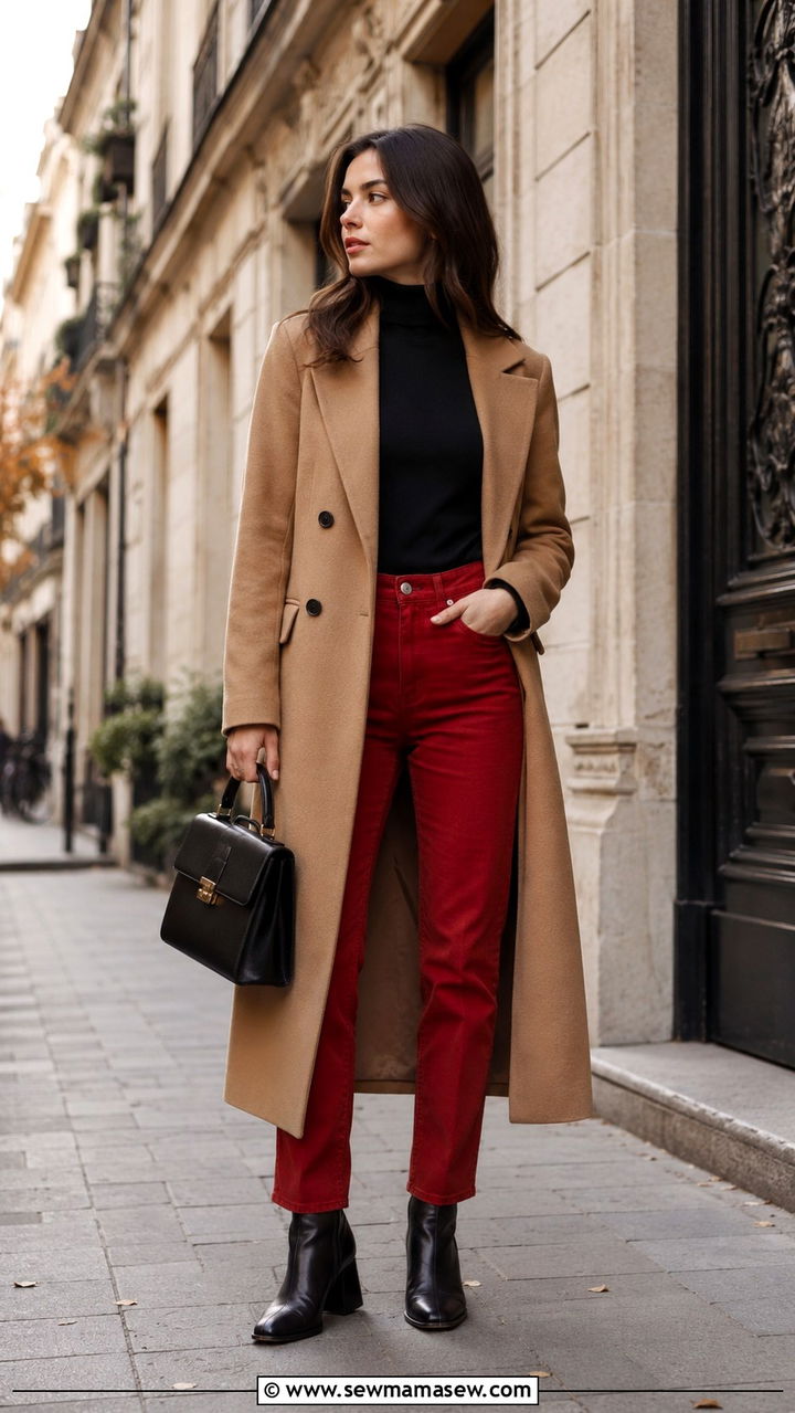 Red Jeans With Camel Coat - 30 Red jeans outfit ideas