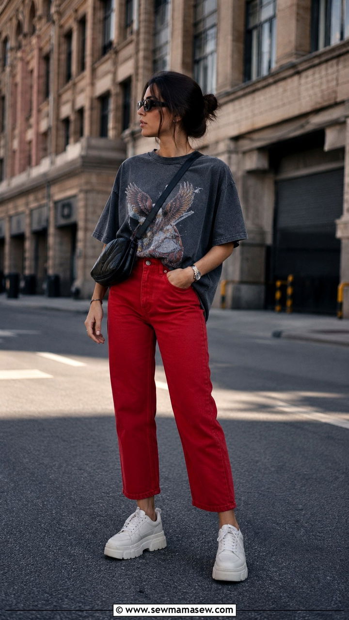 Red Jeans With Chunky Sneakers - 30 Red jeans outfit ideas