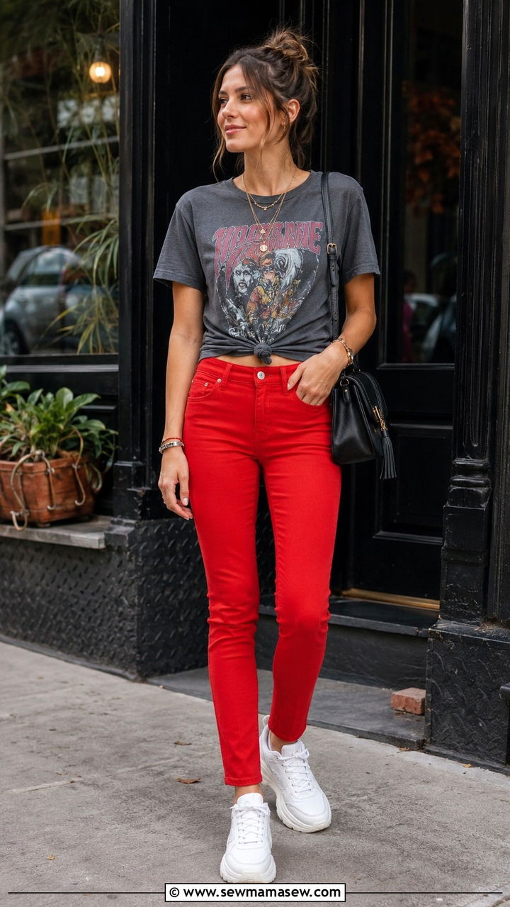 Red Jeans With Graphic Tee - 30 Red jeans outfit ideas
