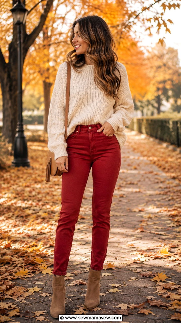 Red Jeans With Neutral Sweater - 30 Red jeans outfit ideas