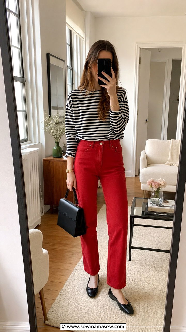 Red Jeans With Striped Top - 30 Red jeans outfit ideas