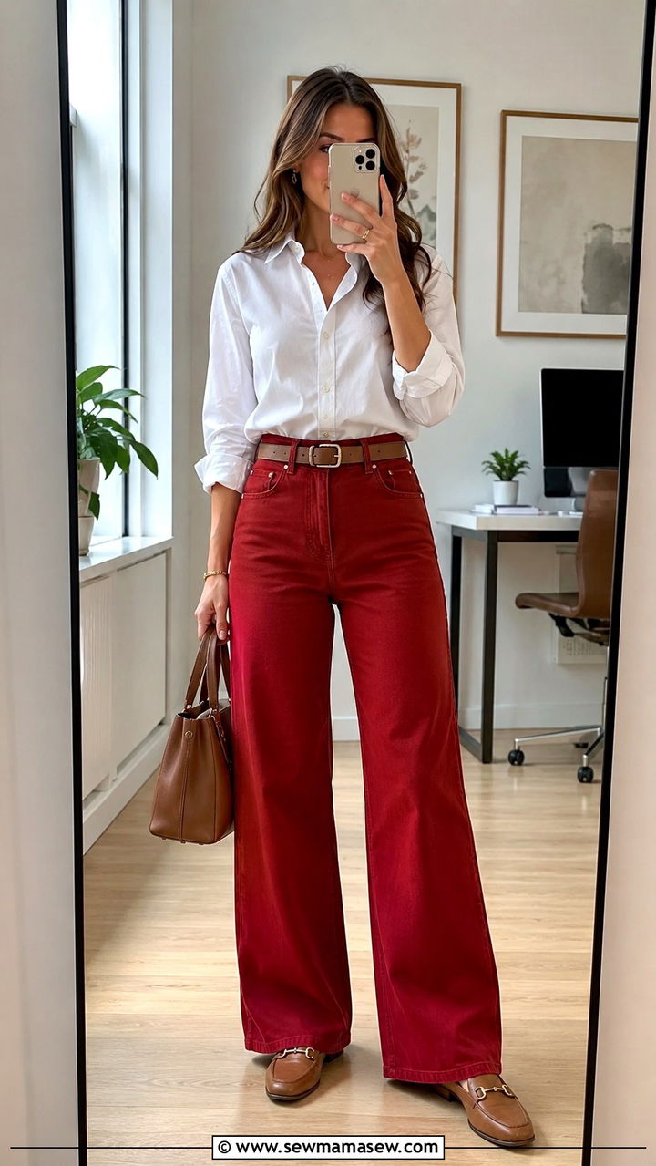 Red Jeans With White Button Down - 30 Red jeans outfit ideas