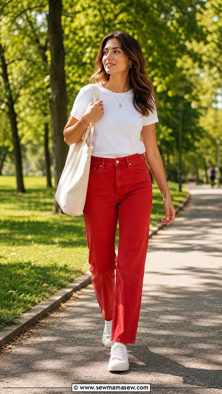 Red Jeans With White Sneakers - 30 Red jeans outfit ideas