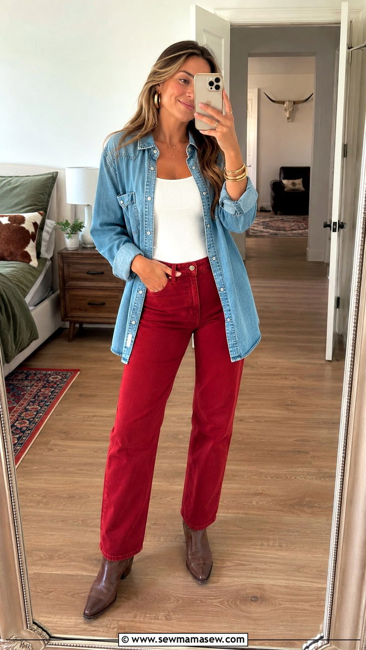 Red Jeans and Denim Button Up Shirt With Brown Boots - 20 Western outfit ideas Kacey Musgraves style