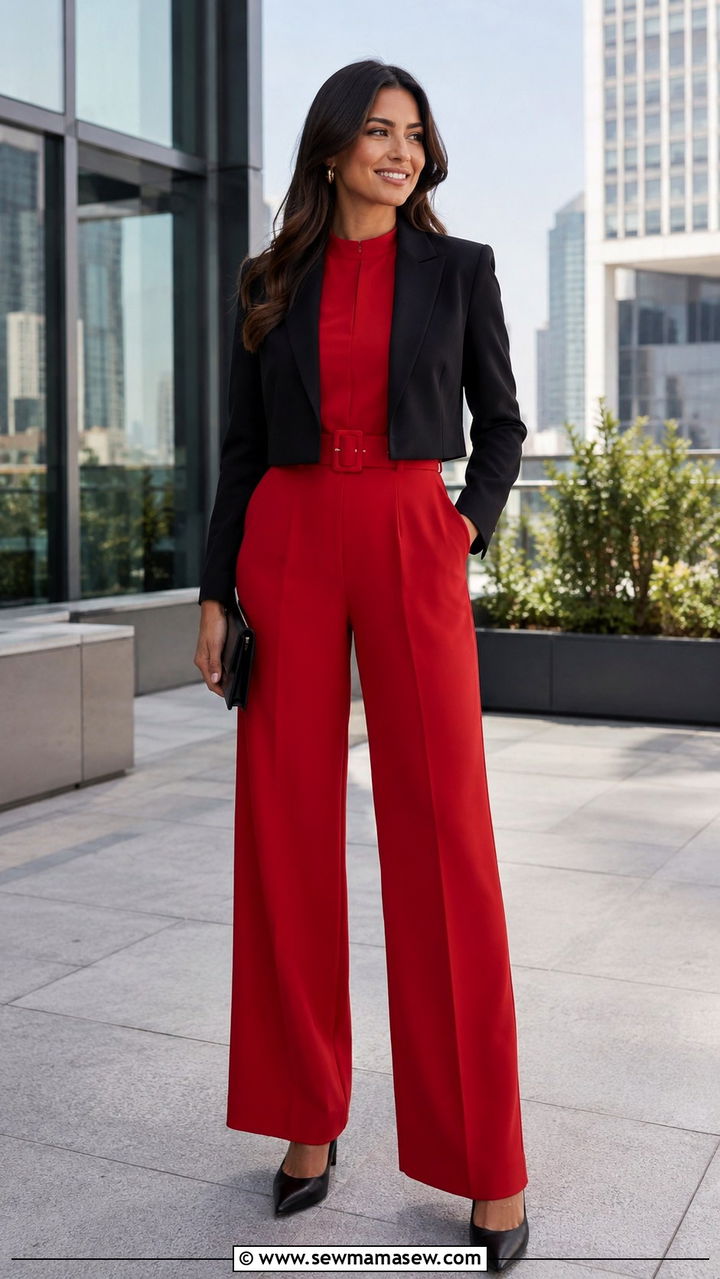Red Jumpsuit With Blazer for Work - 30 Red outfit ideas for work