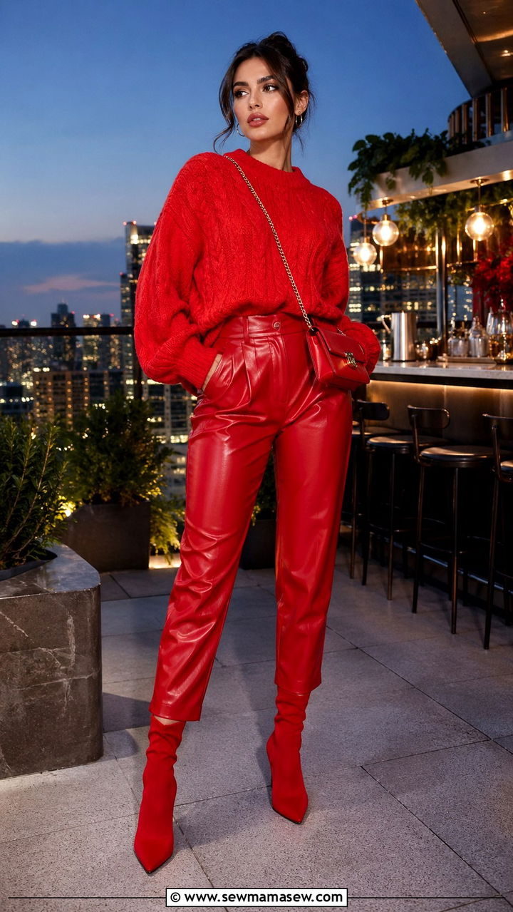 Red Knit Sweater And Leather Pants - 40 All red outfit ideas
