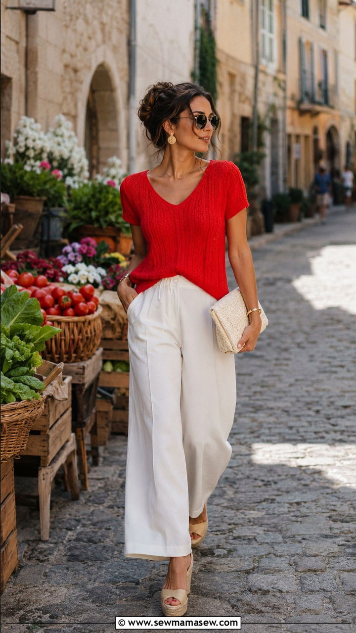 Red Knit Top With White Wide Leg Pants - 30 cute Paris outfits