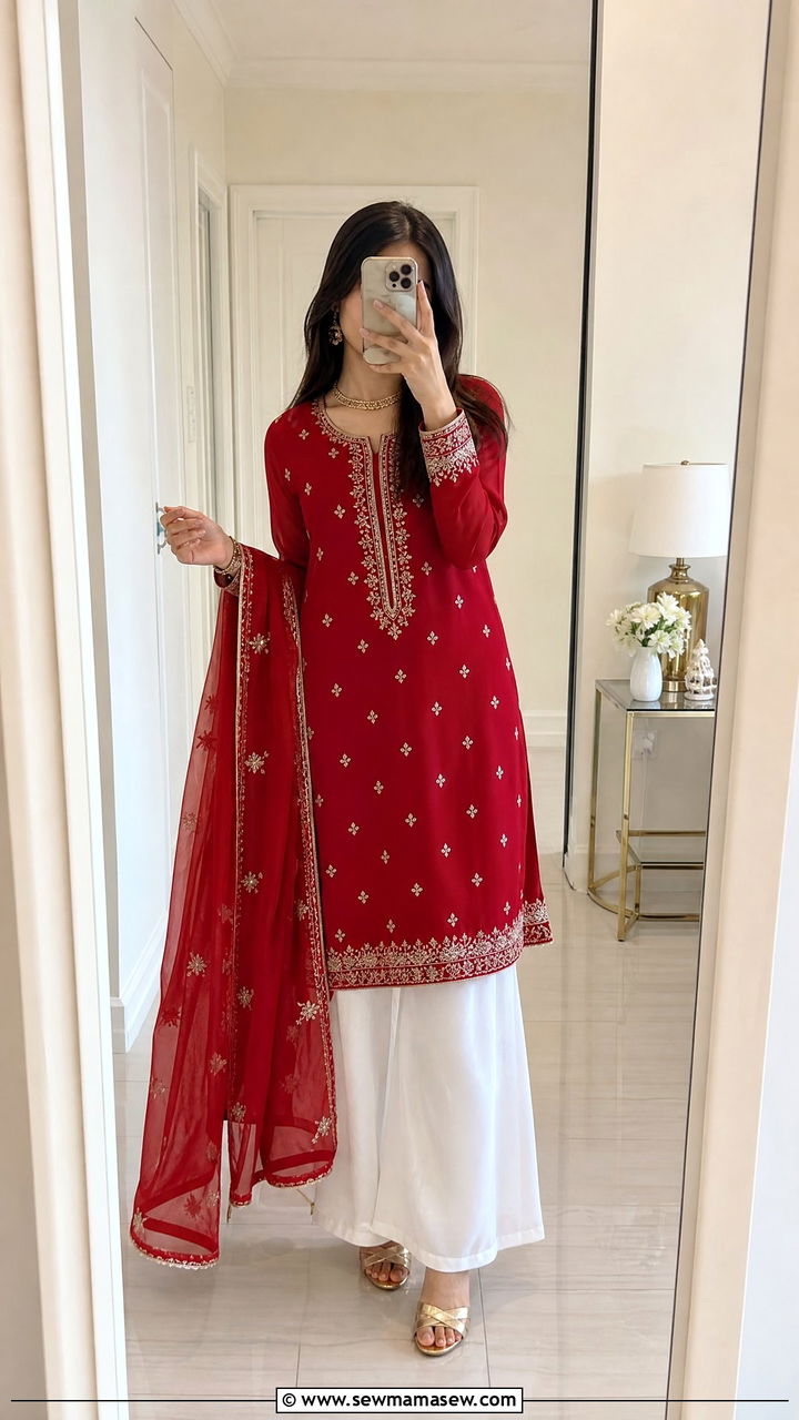 Red Kurta with White Wide Leg Trousers - 30 Eid outfit ideas for teens