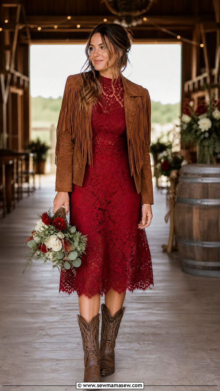 Red Lace Dress With Cowboy Boots - 30 Festive attire wedding guest outfit ideas