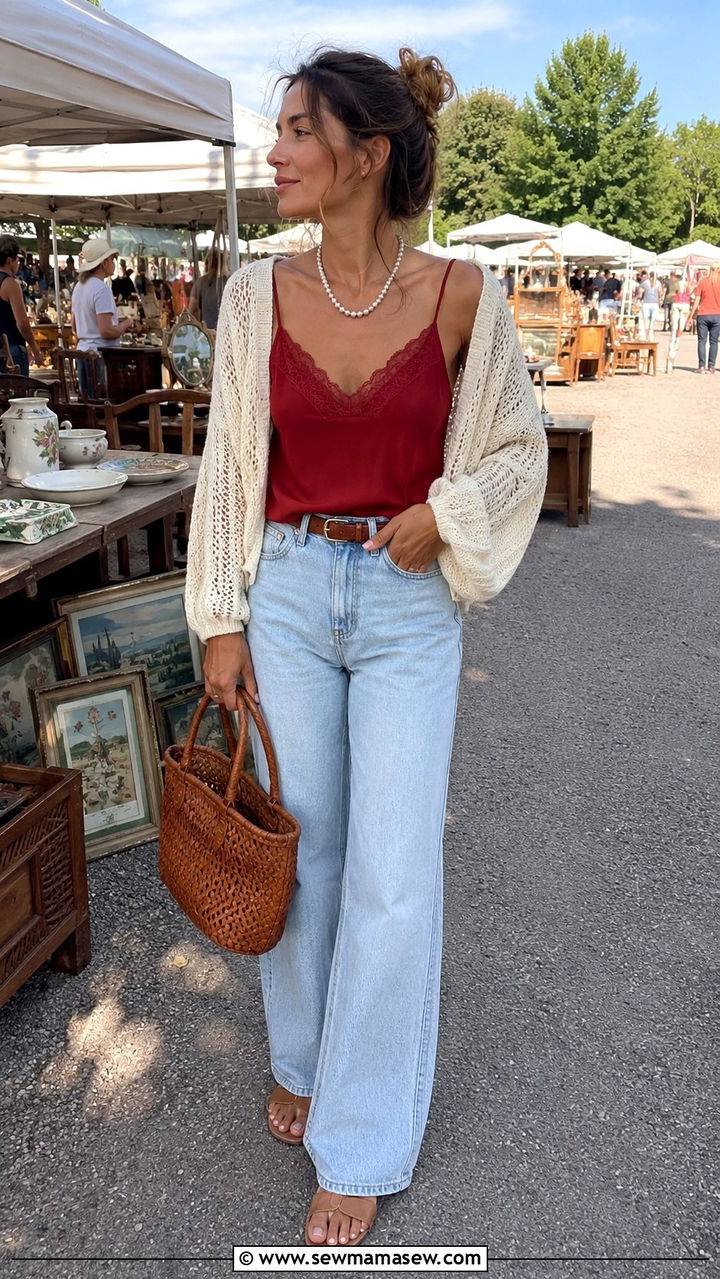Red Lace Trimmed Cami With Light Wash Wide Leg Jeans - 30 spring red outfit ideas