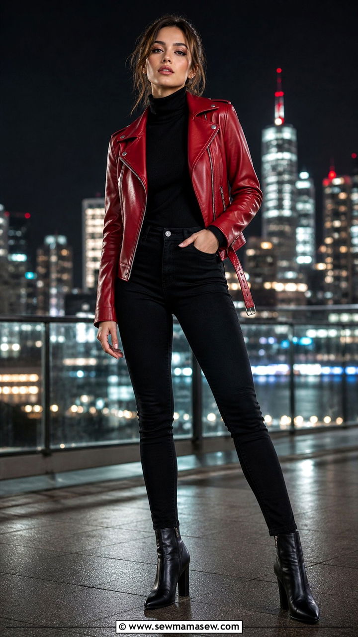 Red Leather Jacket With All Black Base Outfit - 40 leather jacket outfit ideas for women