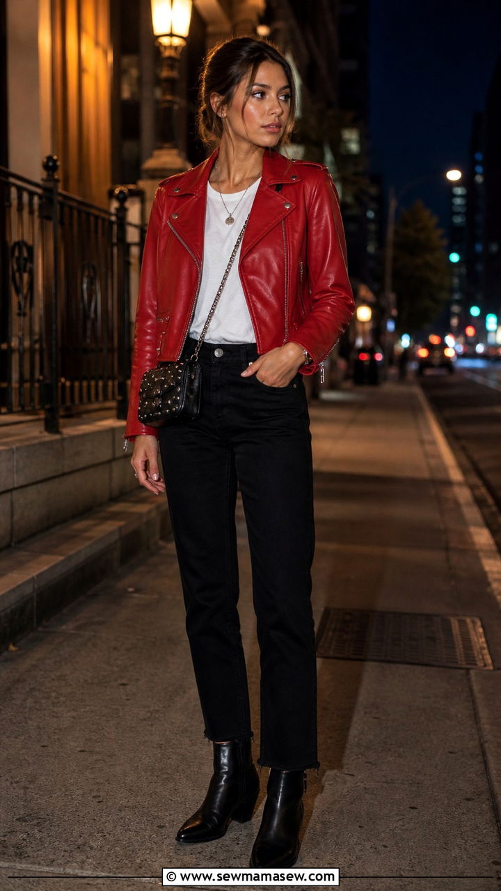 Red Leather Jacket with Black Jeans - 40 Red outfit ideas