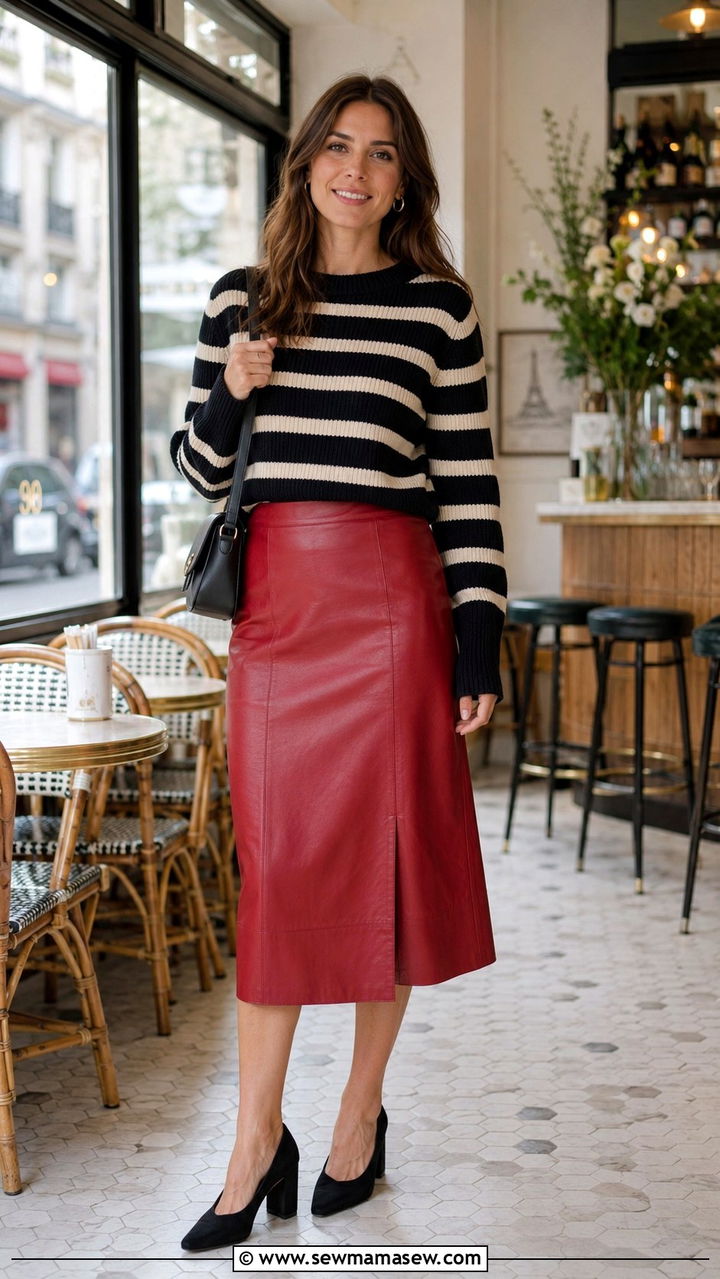 Red Leather Midi Skirt With Striped Sweater And Block Heels - 30 Leather skirt outfit ideas with heels