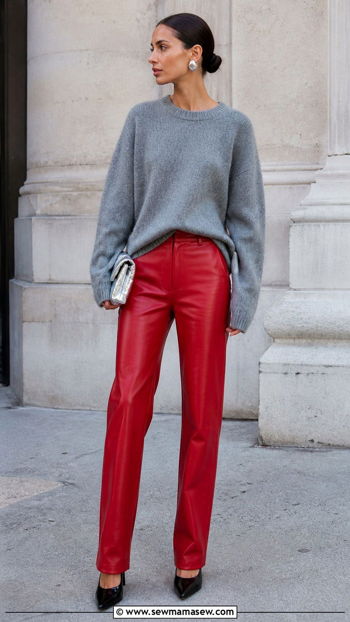 Red Leather Pants with Gray Cashmere Sweater - 40 Red outfit ideas