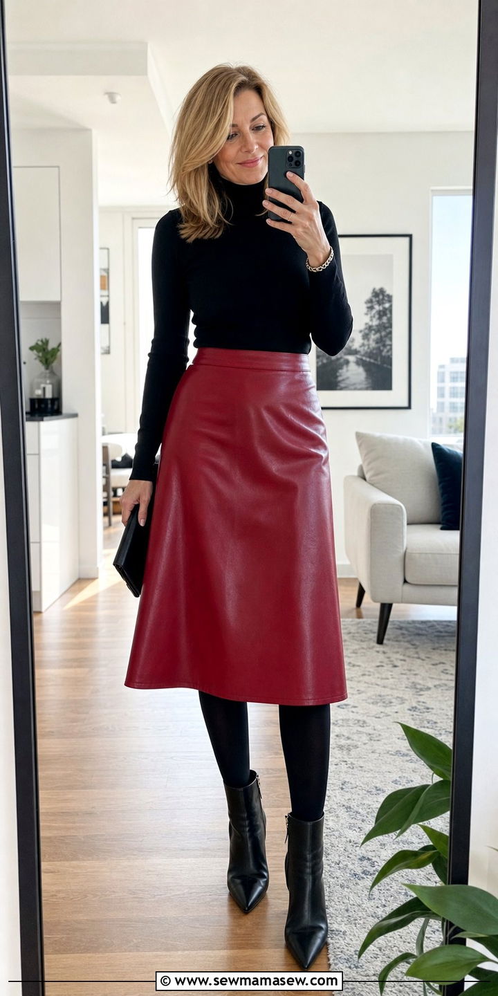 Red Leather Skirt with Black Top Outfit - 25 edgy outfit ideas for women over 40