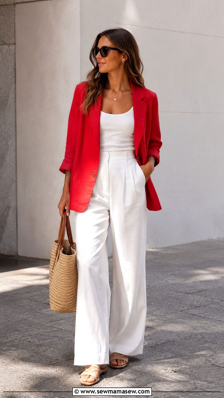 Red Linen Blazer With White Wide Leg Trousers - 30 spring red outfit ideas