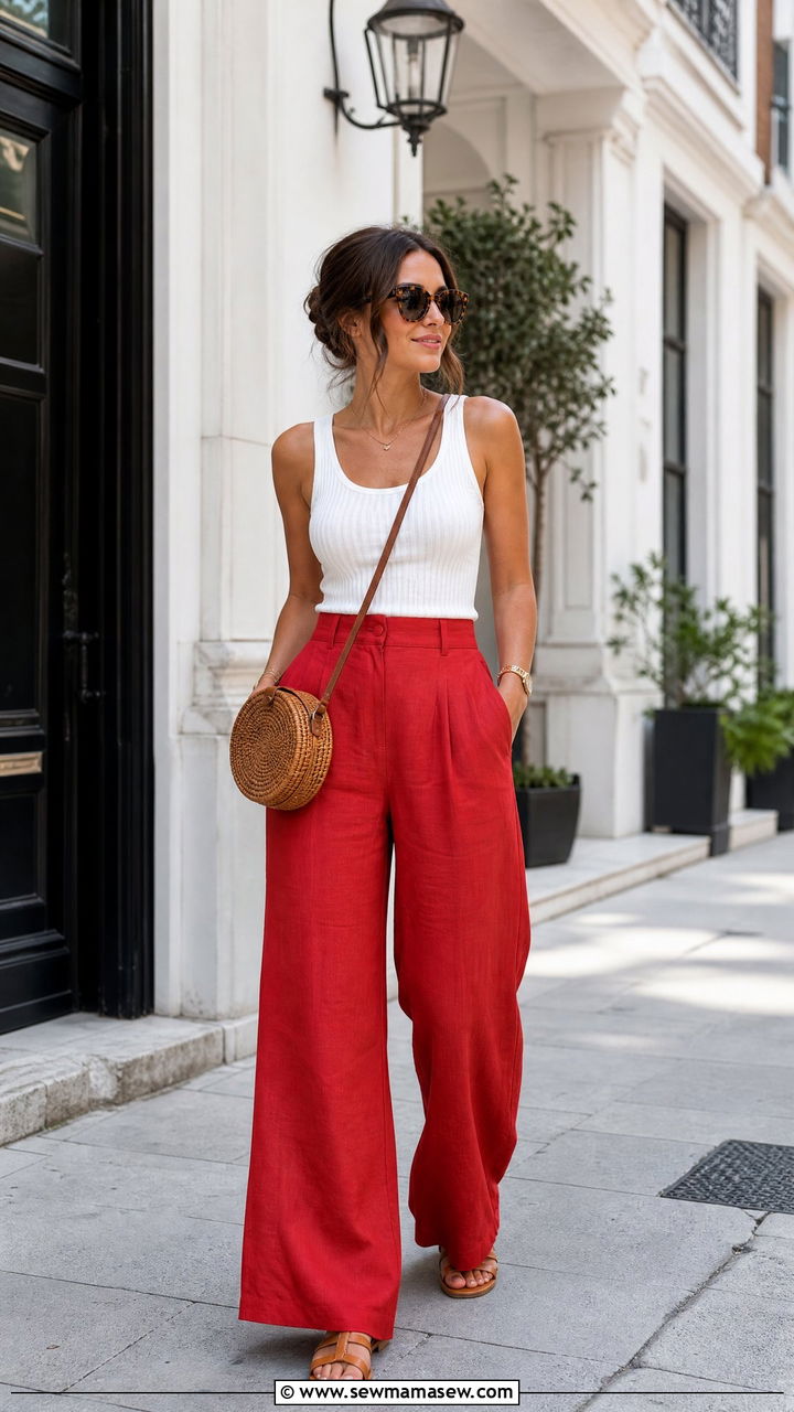 Red Linen Trousers With White Tank Top - 30 summer red outfit ideas