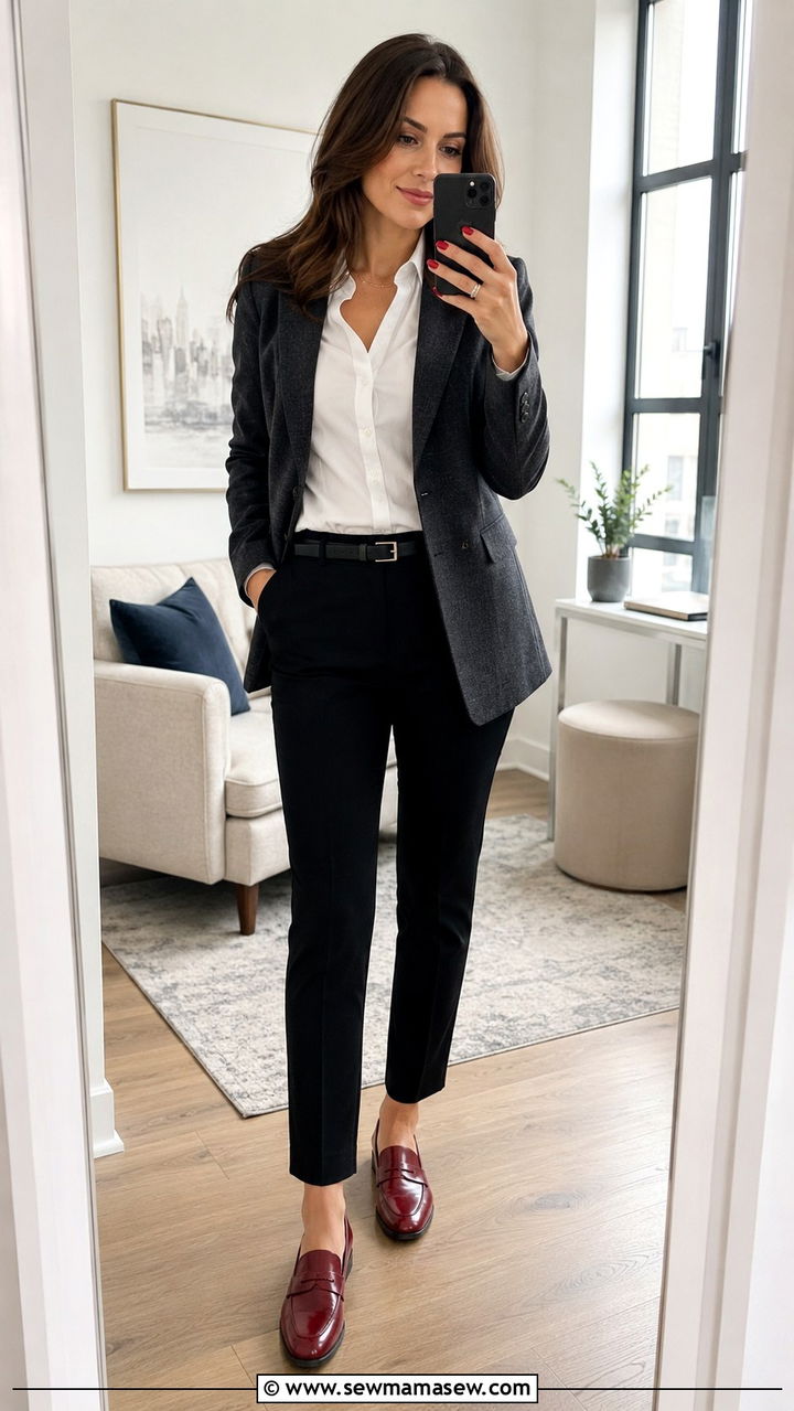 Red Loafers With Tailored Trousers and a Blouse for Work - 30 Red outfit ideas for work