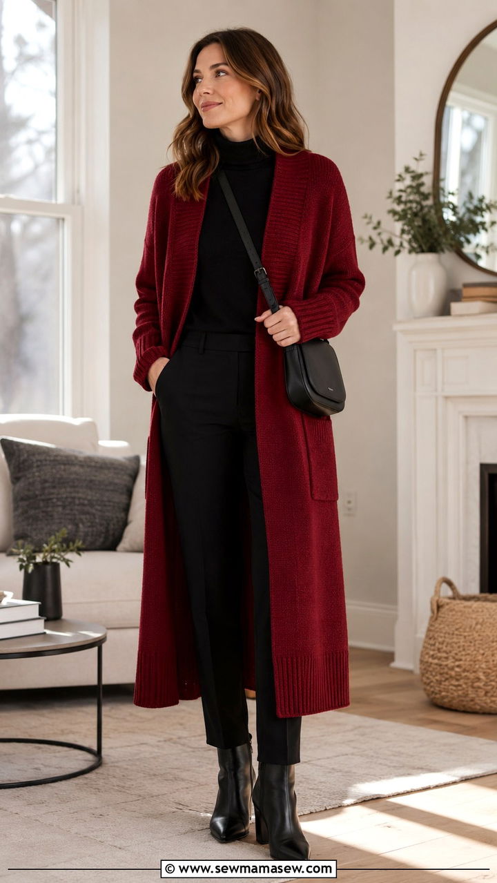 Red Longline Coatigan Over Workwear - 30 Red outfit ideas for work