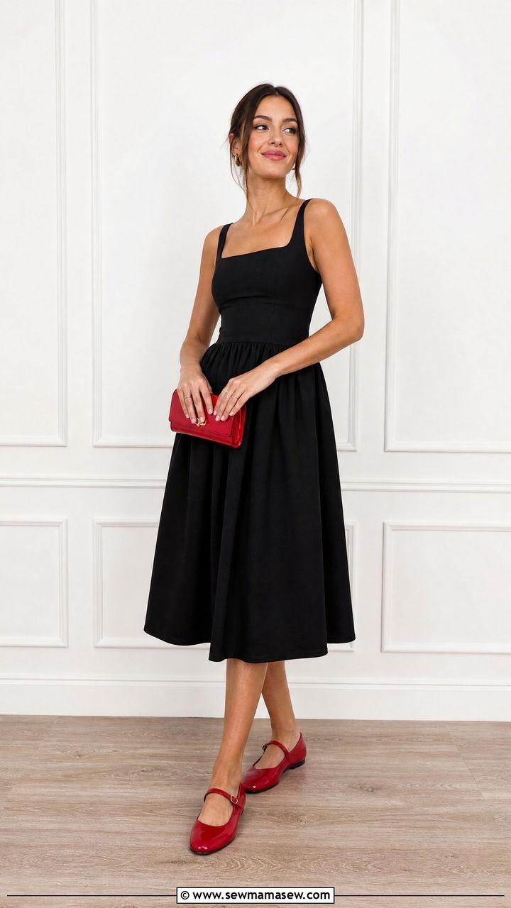 Red Mary Jane shoes with a black midi dress - 25 Mary Jane shoes outfit ideas
