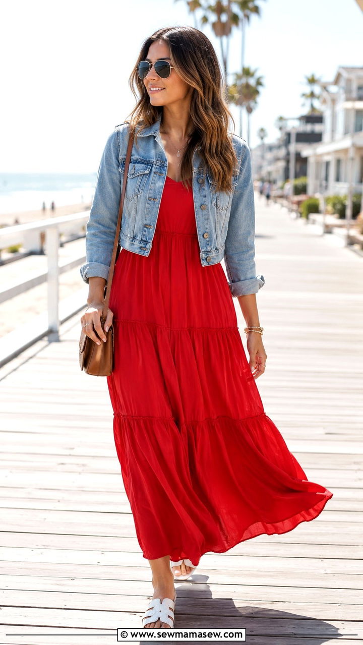 Red Maxi Dress With Denim Jacket - 25 Red dress outfit ideas summer 2026