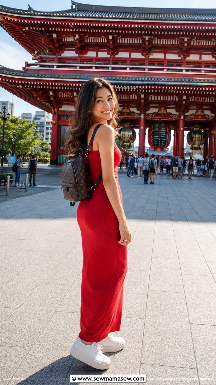 Red Maxi Dress With Flatform Sneakers And Mini Backpack - 30 Tokyo vacation outfit ideas