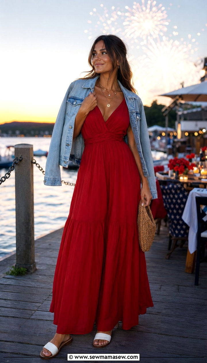 Red Maxi Dress With White Sandals - 35 4th of July outfits