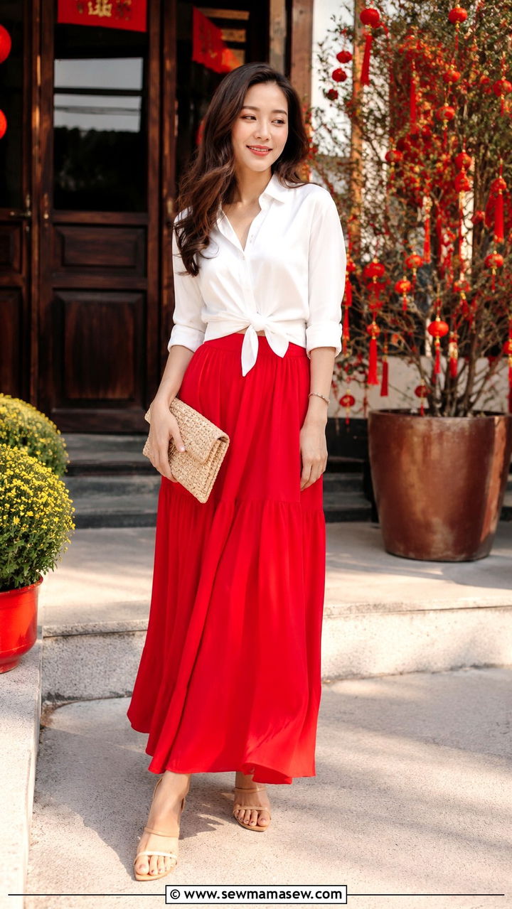 Red Maxi Skirt with a White Silk Blouse - 30 Lunar new year outfit ideas