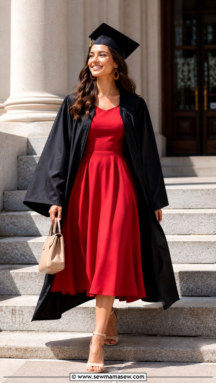 Red Midi Dress with Beige Accessories - 30 Graduation cap and gown outfit ideas