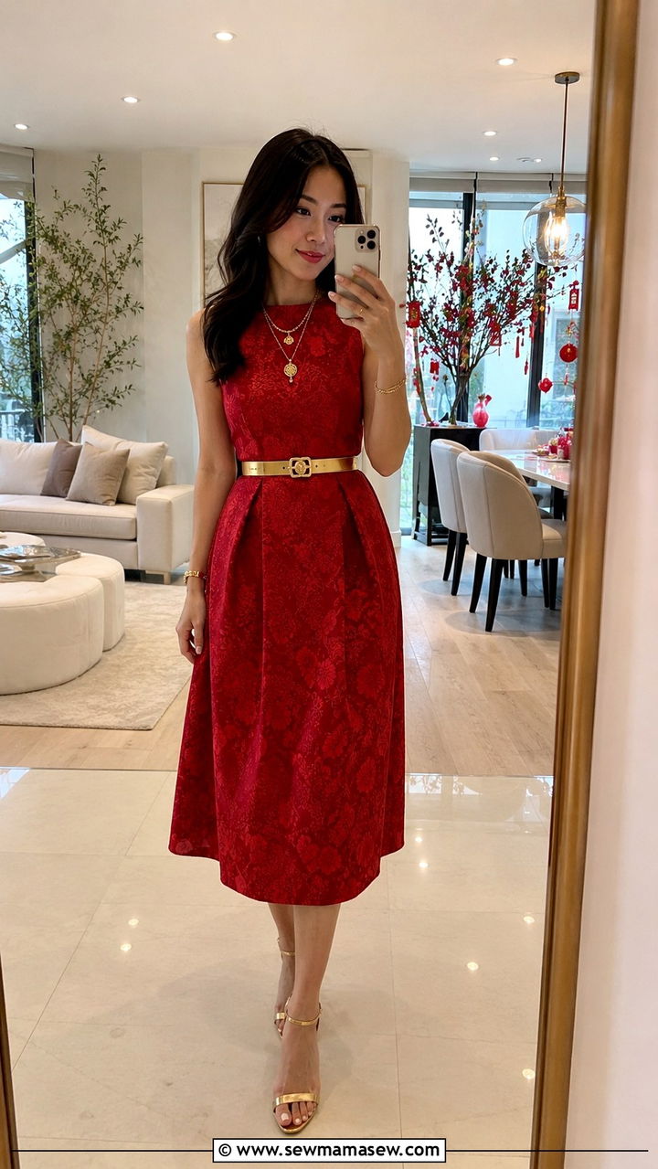 Red Midi Dress with Gold Accessories - 30 Lunar new year outfit ideas