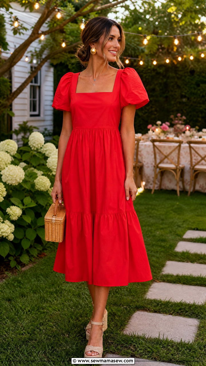 Red Midi Dress with Woven Wedges - 35 July outfit ideas