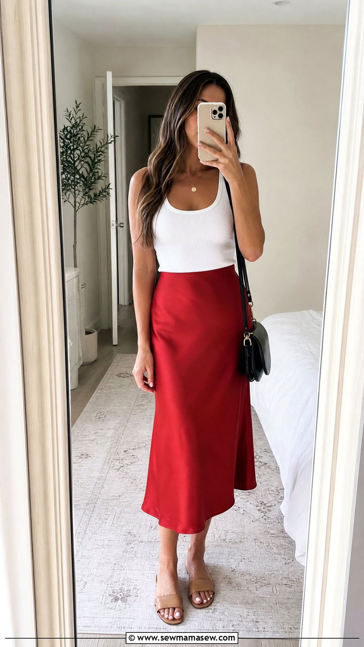 Red Midi Skirt With White Ribbed Tank - 30 summer red outfit ideas