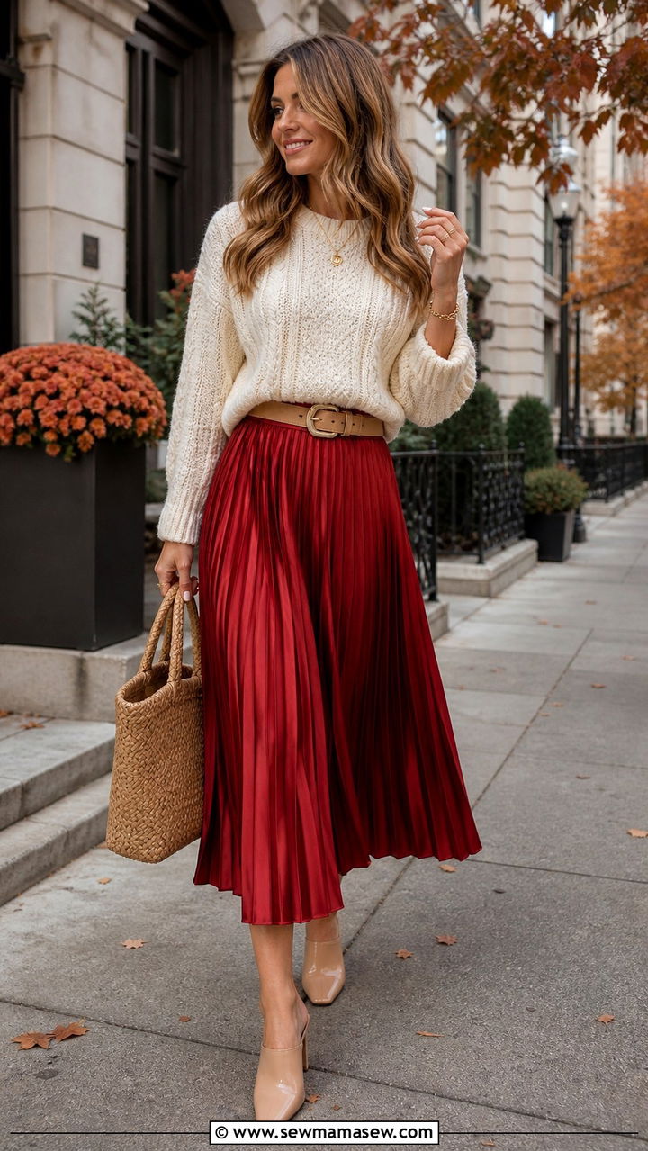 Red Midi Skirt with Cream Knit Sweater - 40 Red outfit ideas