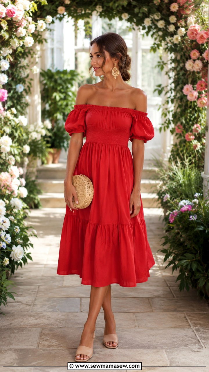 Red Off Shoulder Midi Dress With Woven Clutch - 30 Tomato girl summer outfits
