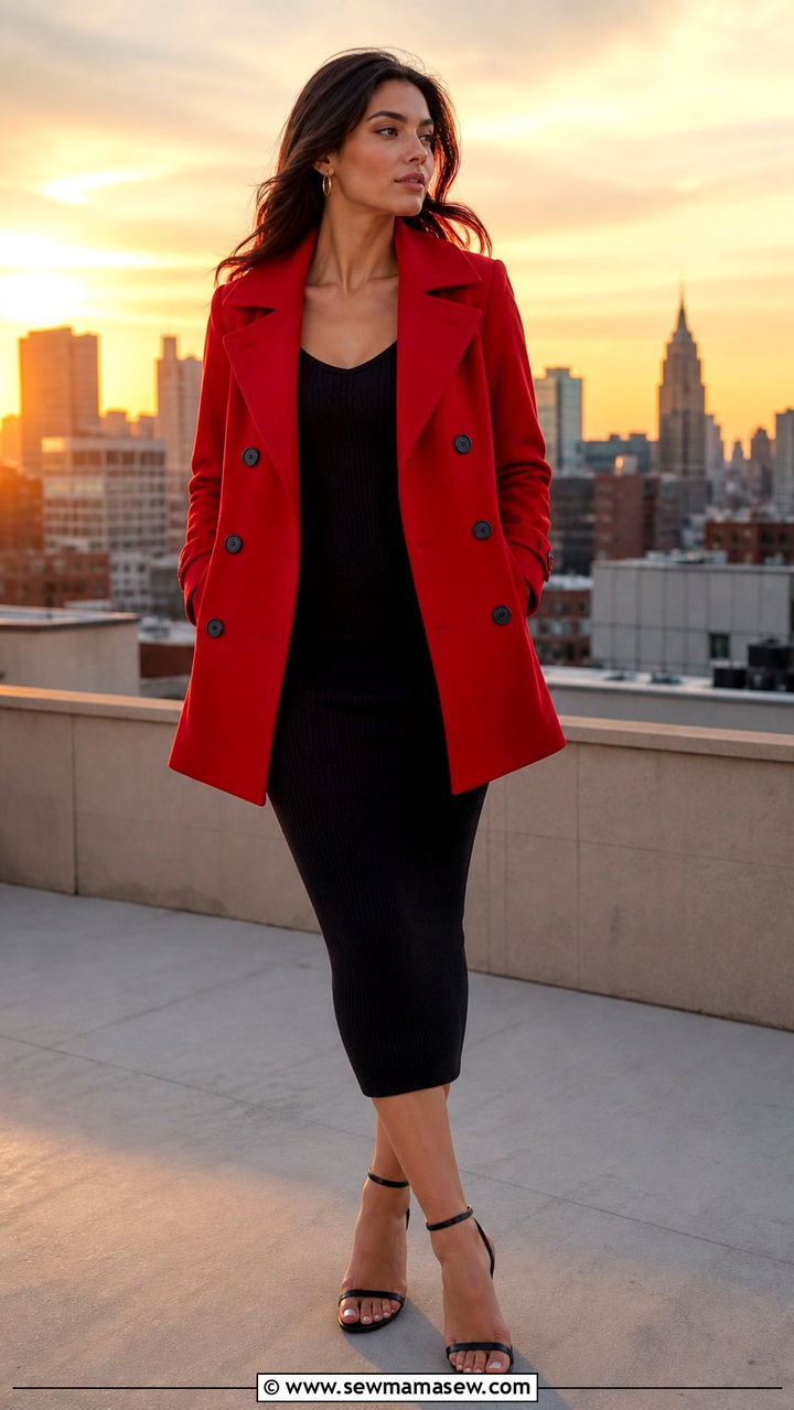 Red Peacoat with a Black Midi Dress and Heeled Sandals - 40 Pea coat outfit ideas