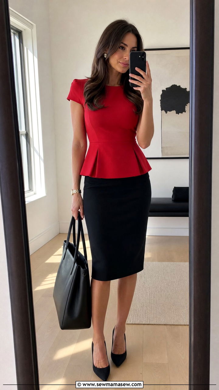 Red Peplum Top With a Pencil Skirt for Work - 30 Red outfit ideas for work