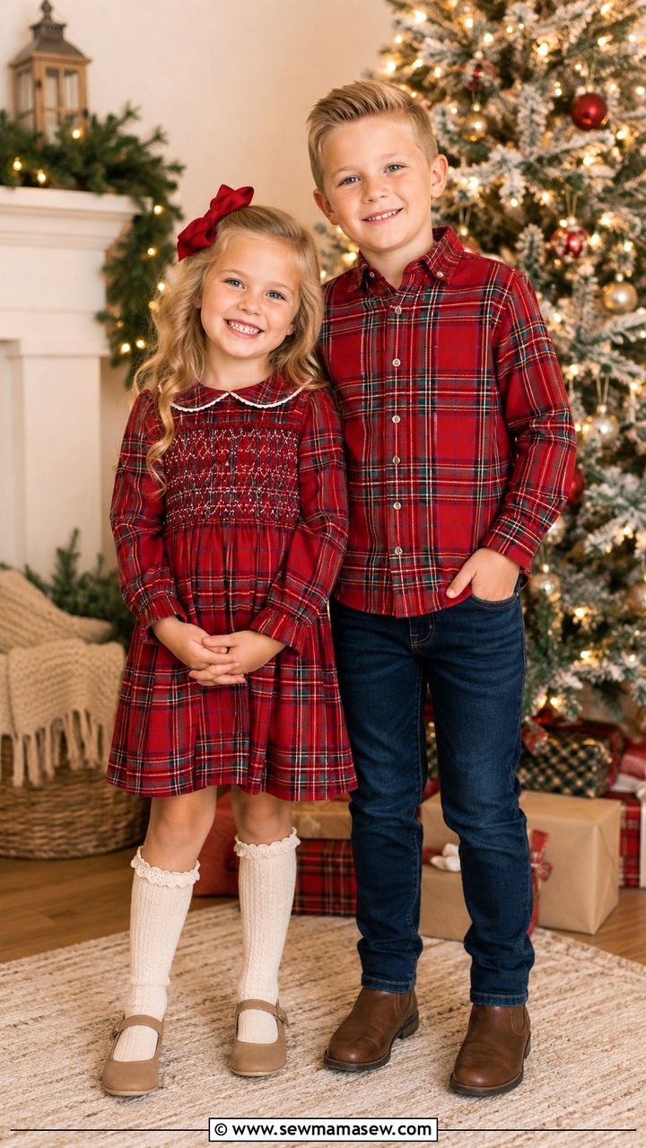 Red Plaid Dress and Shirt Sibling Set Outfit - 30 Kids family photo outfits
