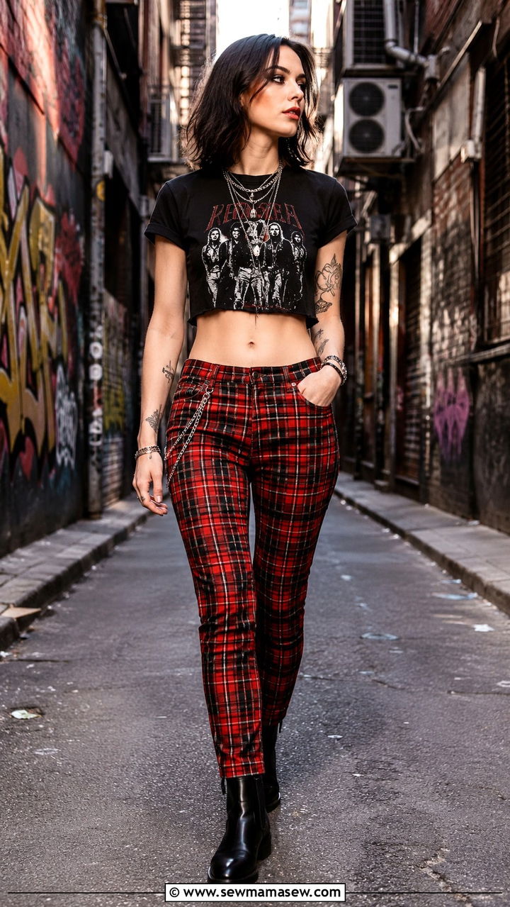 Red Plaid Pants With Cropped Band Tee Outfit - 30 Rock and roll outfit ideas