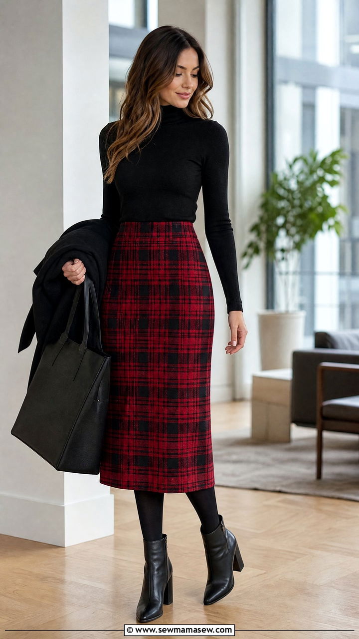 Red Plaid Skirt With a Black Turtleneck for Work - 30 Red outfit ideas for work