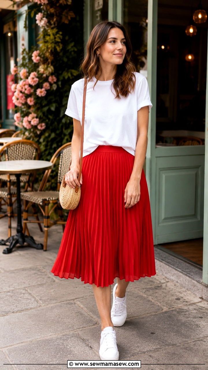 Red Pleated Midi Skirt With A White Cotton Tee - 30 spring red outfit ideas
