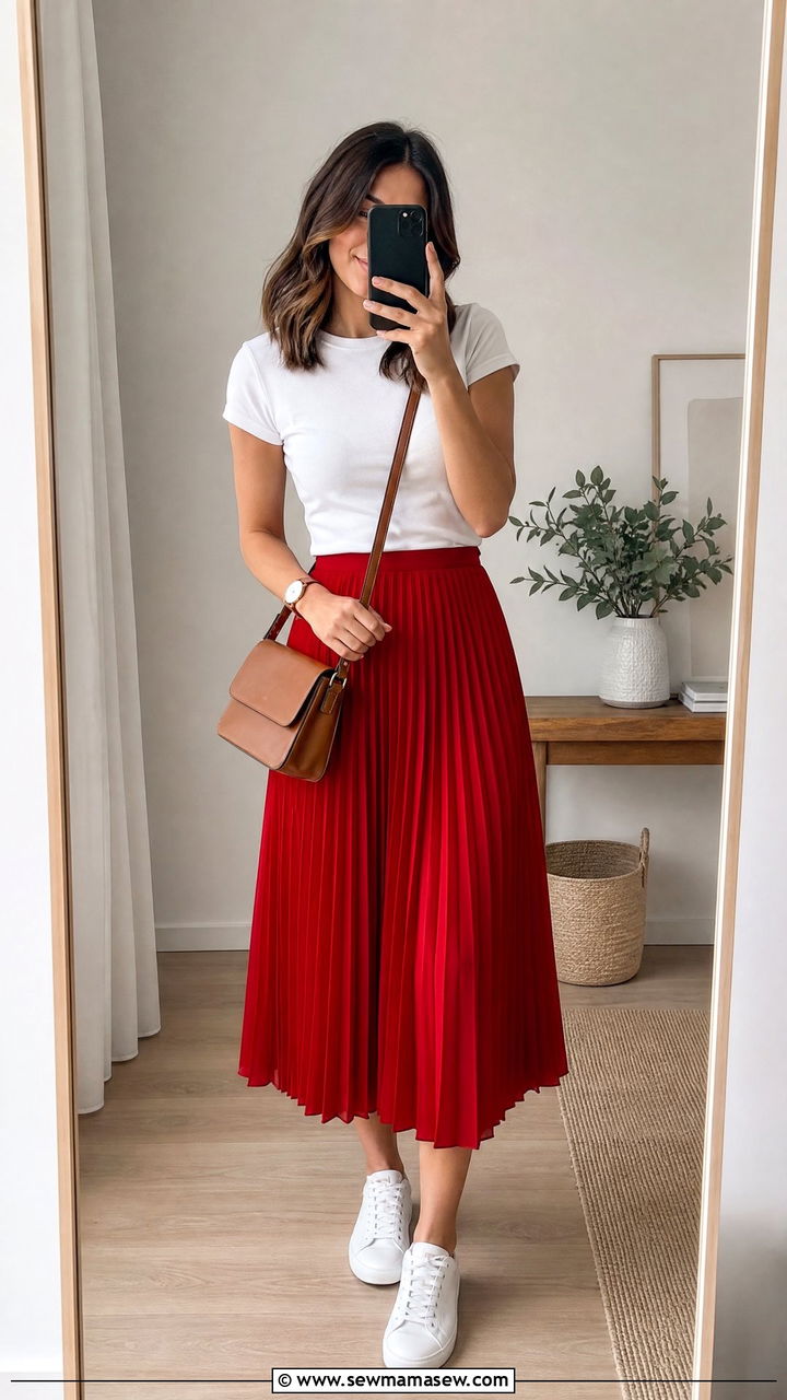 Red Pleated Midi Skirt With Fitted Tee - 30 summer red outfit ideas