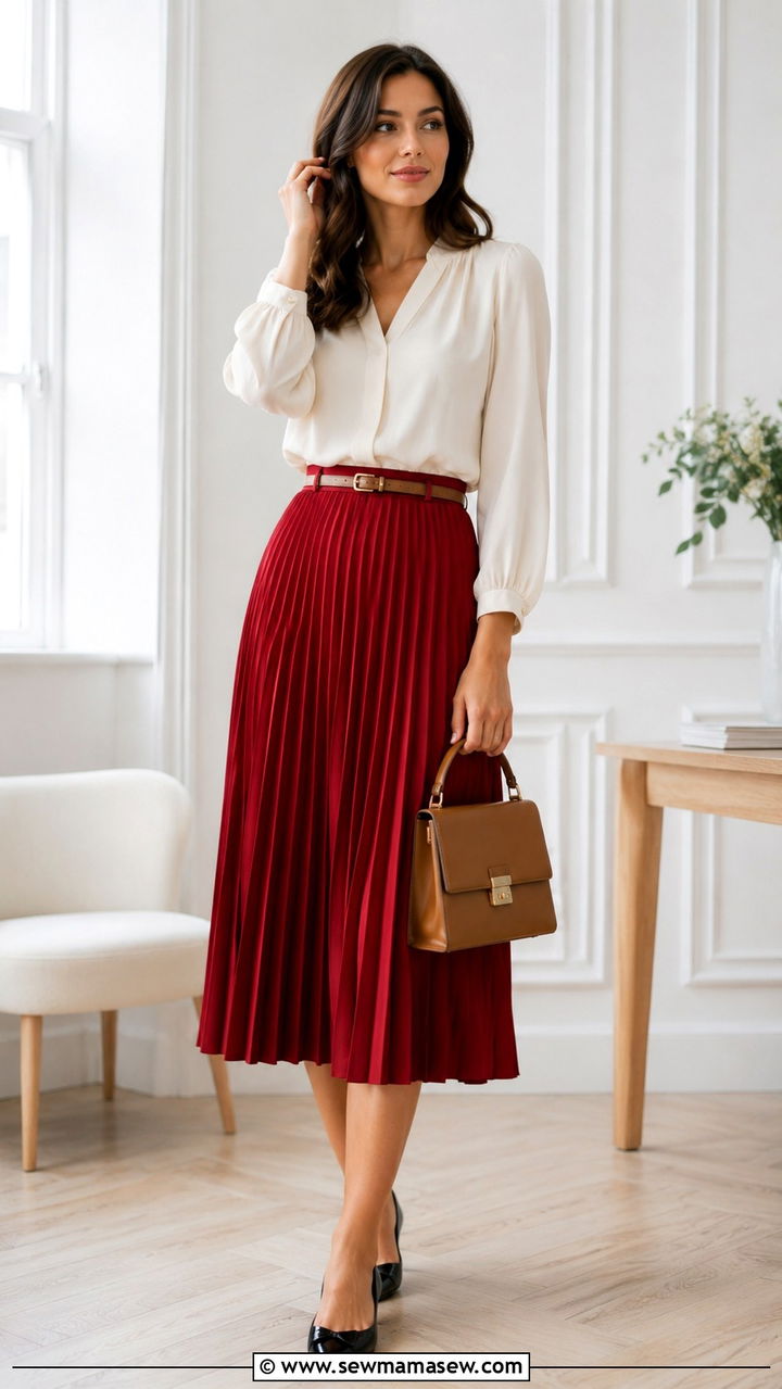 Red Pleated Midi Skirt With Tucked In Blouse for Work - 30 Red outfit ideas for work
