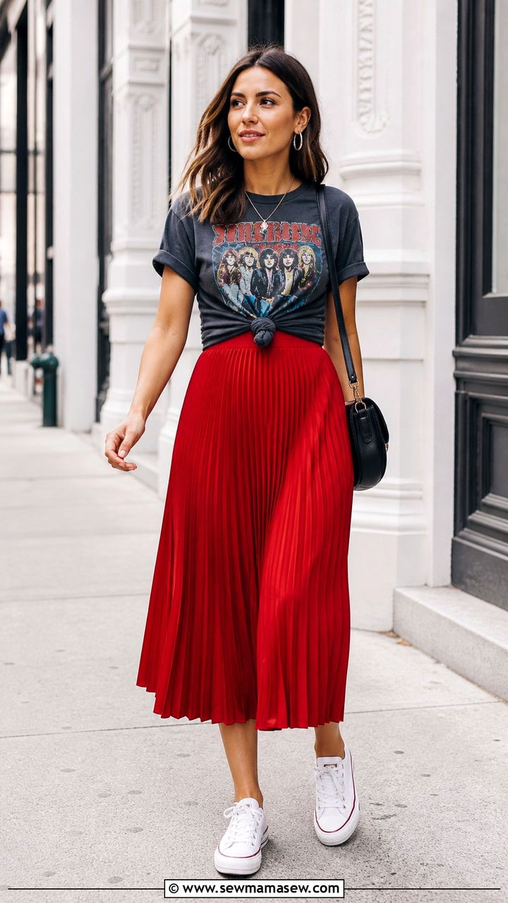 Red Pleated Skirt with Graphic Tee - 40 Red outfit ideas