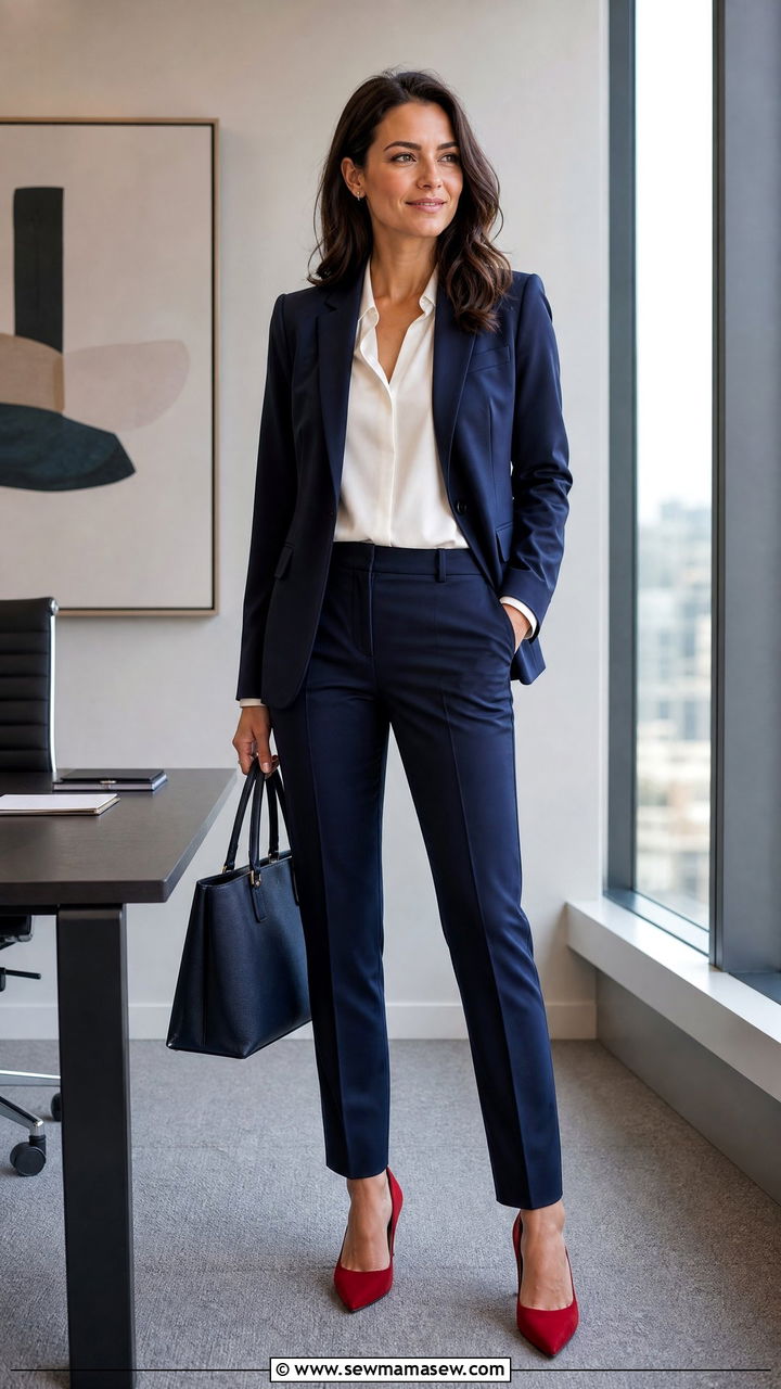 Red Pointed Toe Pumps With a Navy Suit for Work - 30 Red outfit ideas for work