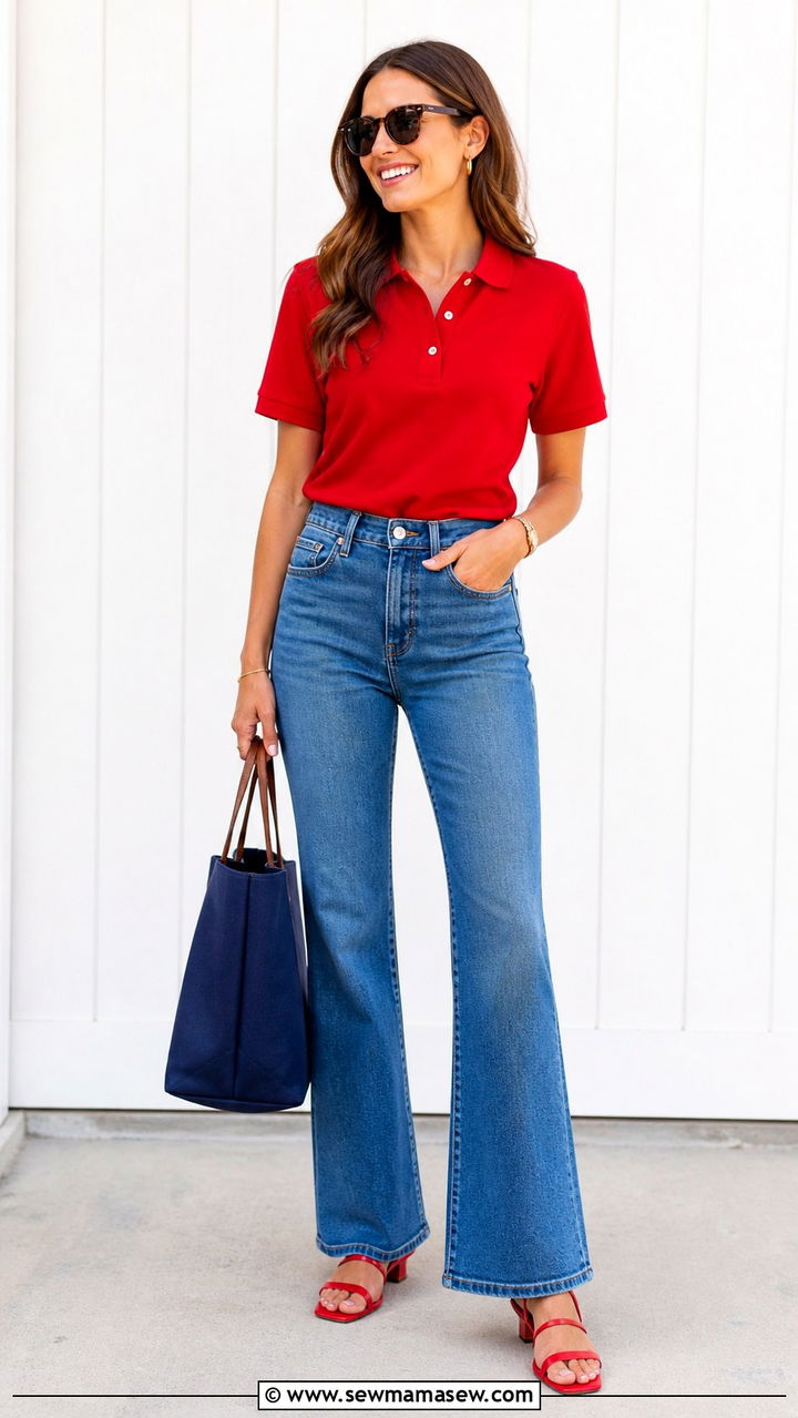Red Polo Shirt With Blue Flared Jeans - 40 summer preppy outfits