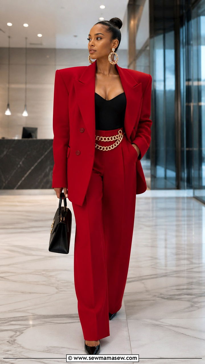 Red Power Suit With Black Bodysuit And Gold Jewelry - 40 glamoratti outfits ideas