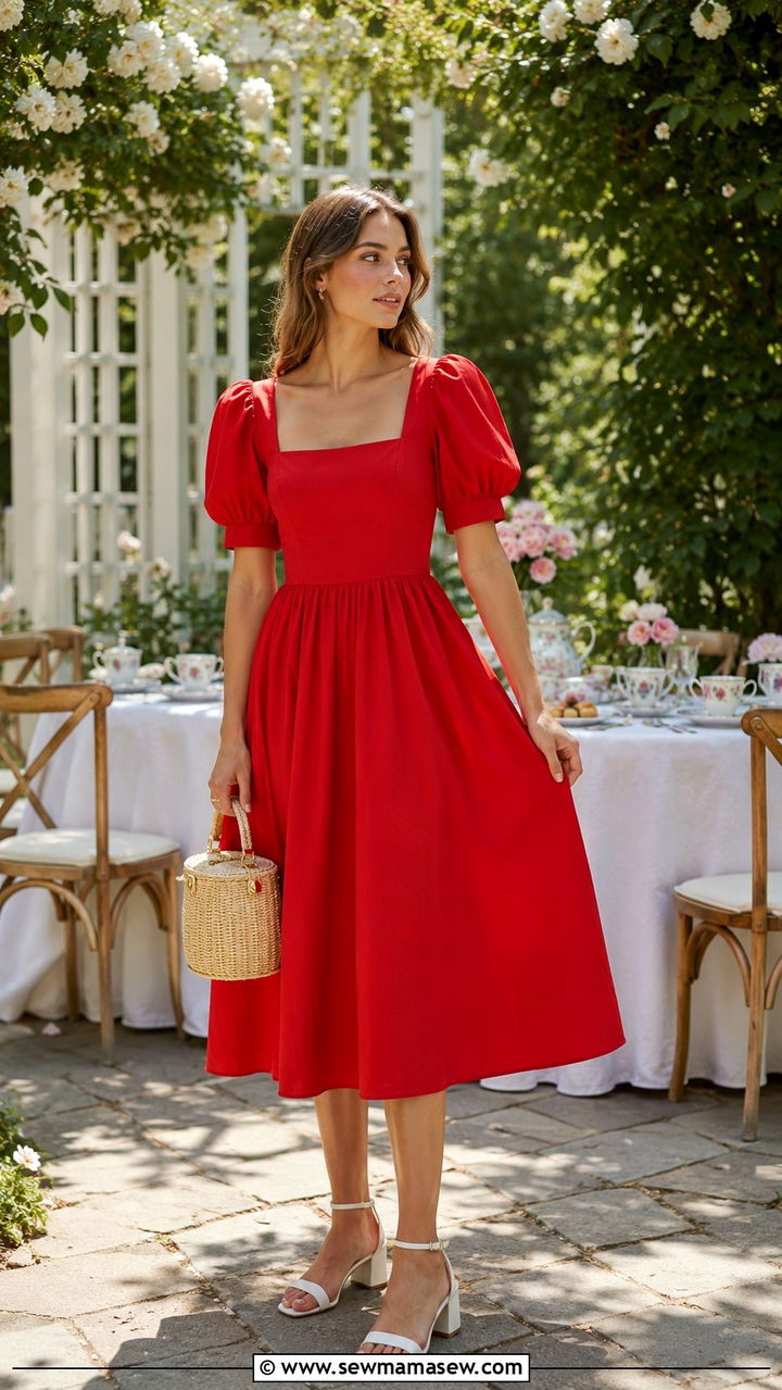 Red Puff Sleeve Dress With Block Heels - 25 Red dress outfit ideas summer 2026